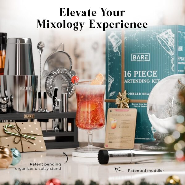 BARE BARREL® Mixology Bartender Kit Bar Set | 16-Piece Cocktail Shaker Set | Martini Barware Mixing Tools for Home Bartending | Incl. 35 Recipe Cards | Gift Set (28oz Boston Shaker, Silver/Black) - Image 9
