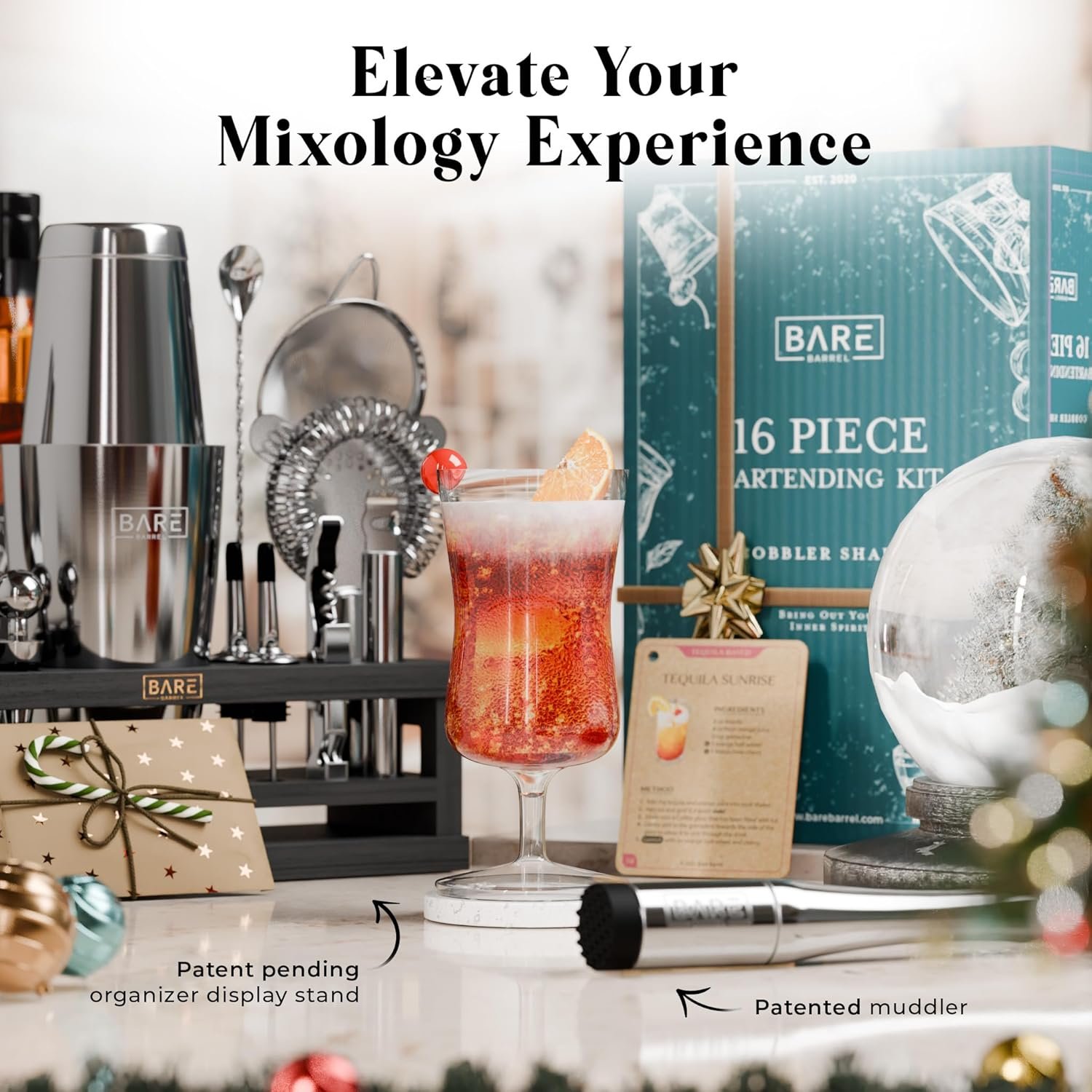 BARE BARREL® Mixology Bartender Kit Bar Set | 16-Piece Cocktail Shaker Set | Martini Barware Mixing Tools for Home Bartending | Incl. 35 Recipe Cards | Gift Set (28oz Boston Shaker, Silver/Black) - Image 9