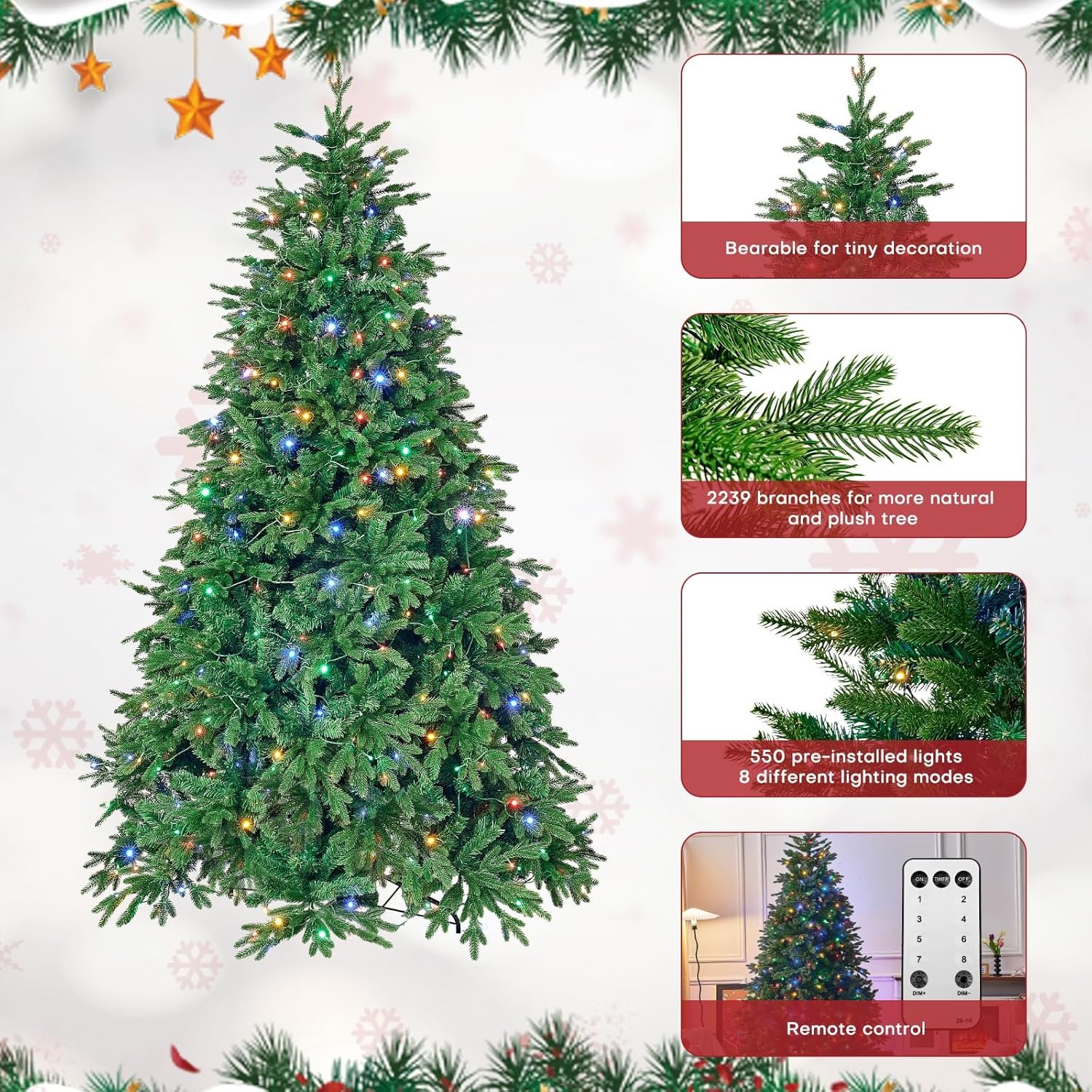 Redlife 7.5ft Pre-Lit Spruce Artificial Holiday Christmas Tree for Home, Office, Party Decoration, Equipped with LED Lights, Easy Assembly, Fireproof PE+ PVC, Christmas, Living Room - Image 7