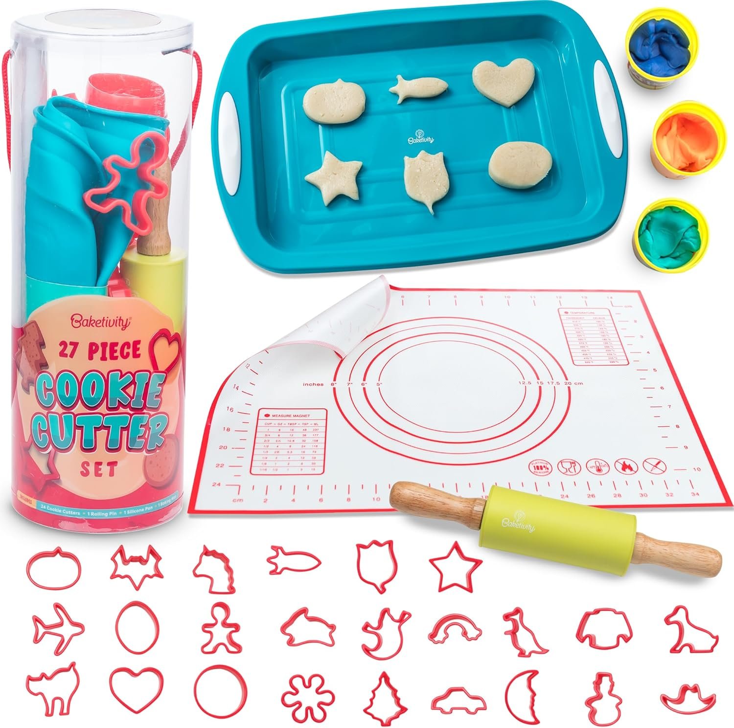 Baketivity Cookie Cutter Set For Kids, 24 Assorted Cookie Cutters of Basic Shapes, Seasonal, and Holiday Themes - With Rolling Pin, Silicone Baking Pan, and Non-Stick Baking Mat - BPA-Free - Ages 4+ - Image 2