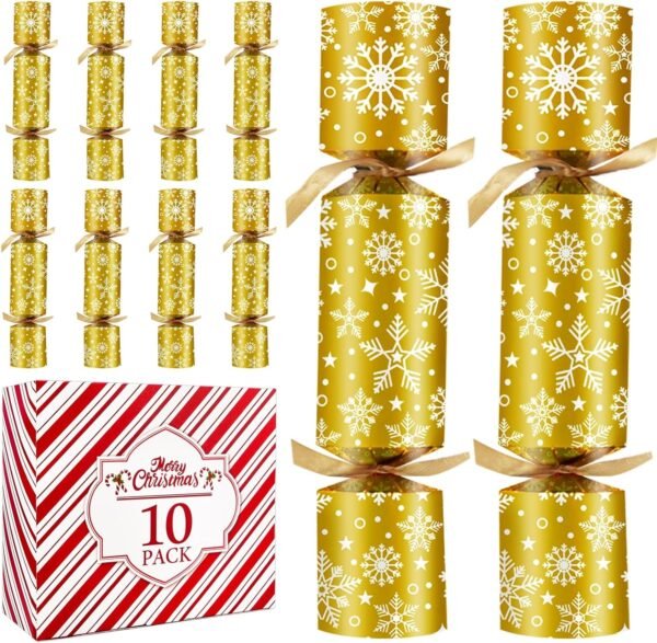 10PACK Christmas Party Favor No-Snap Table Favors with Prize Joke Gifts for Kids Adults Party Supplies Dinner Decorations British English Holiday Games Gold Snowflake Pattern - Image 2