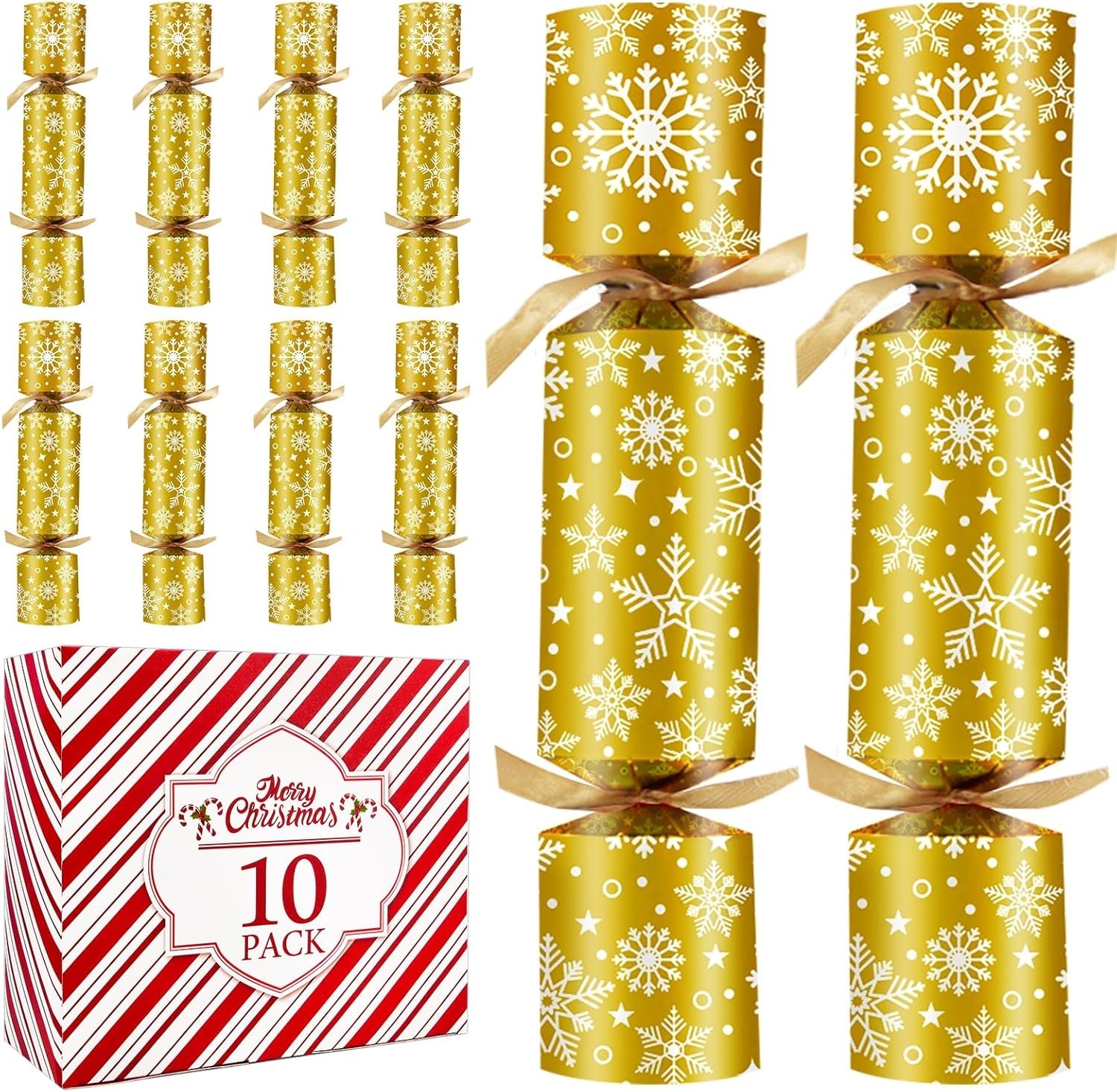 10PACK Christmas Party Favor No-Snap Table Favors with Prize Joke Gifts for Kids Adults Party Supplies Dinner Decorations British English Holiday Games Gold Snowflake Pattern - Image 2