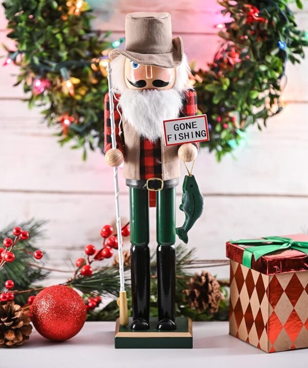 Ornativity Christmas Fisher Man Nutcracker – Red and Green Wooden Fisherman Nutcracker Man with Fishing Rod and Fish in Hand Xmas Themed Holiday Nut Cracker Doll Figure Decorations 15" - Image 3