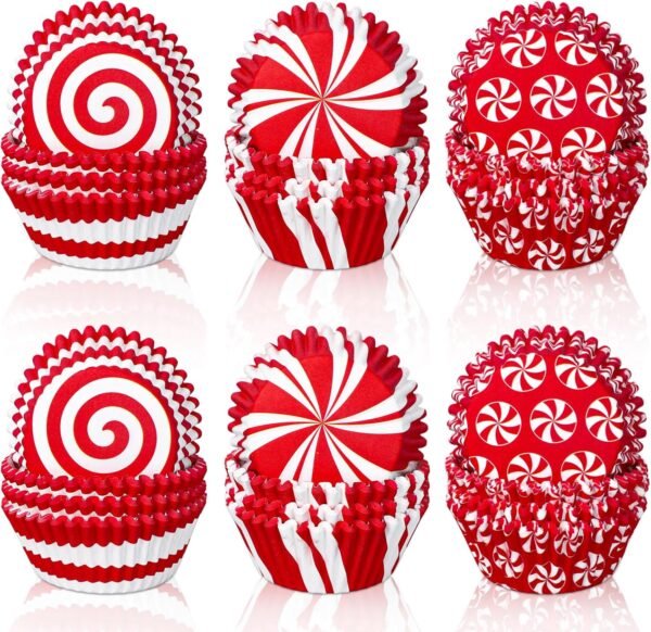 Whaline 600Pcs Christmas Candy Cupcake Liners Peppermint Baking Cups Holders Candy Cane Cupcake Wrappers Red White Candy Muffin Liners for Xmas Holiday Birthday Party Candy Make Baking Supplies - Image 2