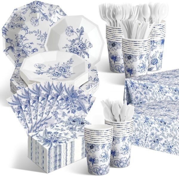 Dandat 402 Pcs Disposable Tableware Set Serve 50 Baby Shower Party Decorations Birthday Party Supplies Set Disposable Plates and Napkins Plastic Tablecloths for Baby Shower(Blue,Floral) - Image 2