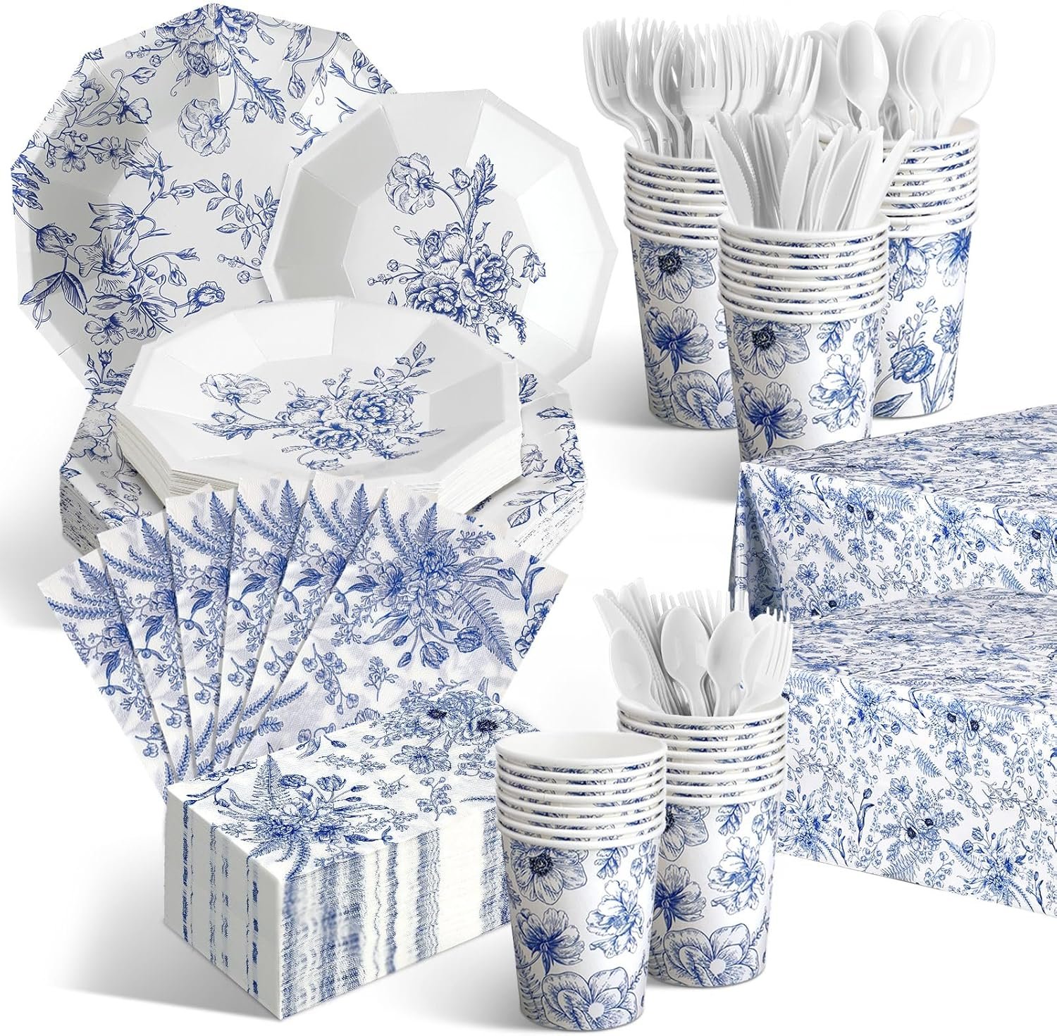 Dandat 402 Pcs Disposable Tableware Set Serve 50 Baby Shower Party Decorations Birthday Party Supplies Set Disposable Plates and Napkins Plastic Tablecloths for Baby Shower(Blue,Floral) - Image 2