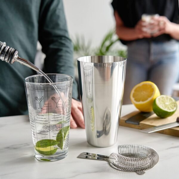 True 3-Piece Barware Set with 7 Cocktail Recipes and Measurements Printed on Mixing, Includes Shaker Tin and Hawthorne Strainer, Glass and Stainless Steel, Assorted - Image 7