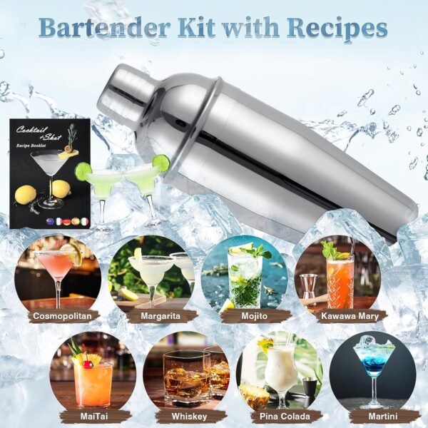 15PCS Cocktail Shaker Set, 750ml/25oz Bartender Kit with Stand & Recipes, Bar Tools Set with All Bar Essential Accessories,Martini Shaker Bartending Kit, for Drink Mixing Home Bar Party, Silver - Image 7