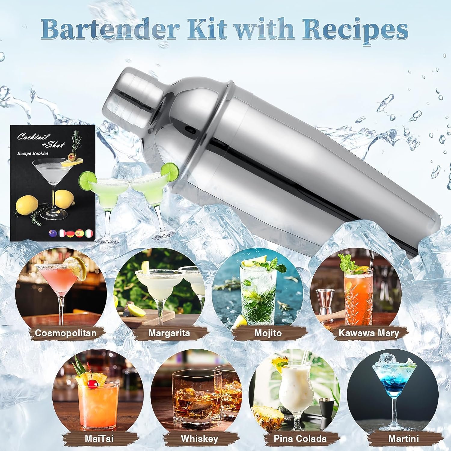 15PCS Cocktail Shaker Set, 750ml/25oz Bartender Kit with Stand & Recipes, Bar Tools Set with All Bar Essential Accessories,Martini Shaker Bartending Kit, for Drink Mixing Home Bar Party, Silver - Image 7