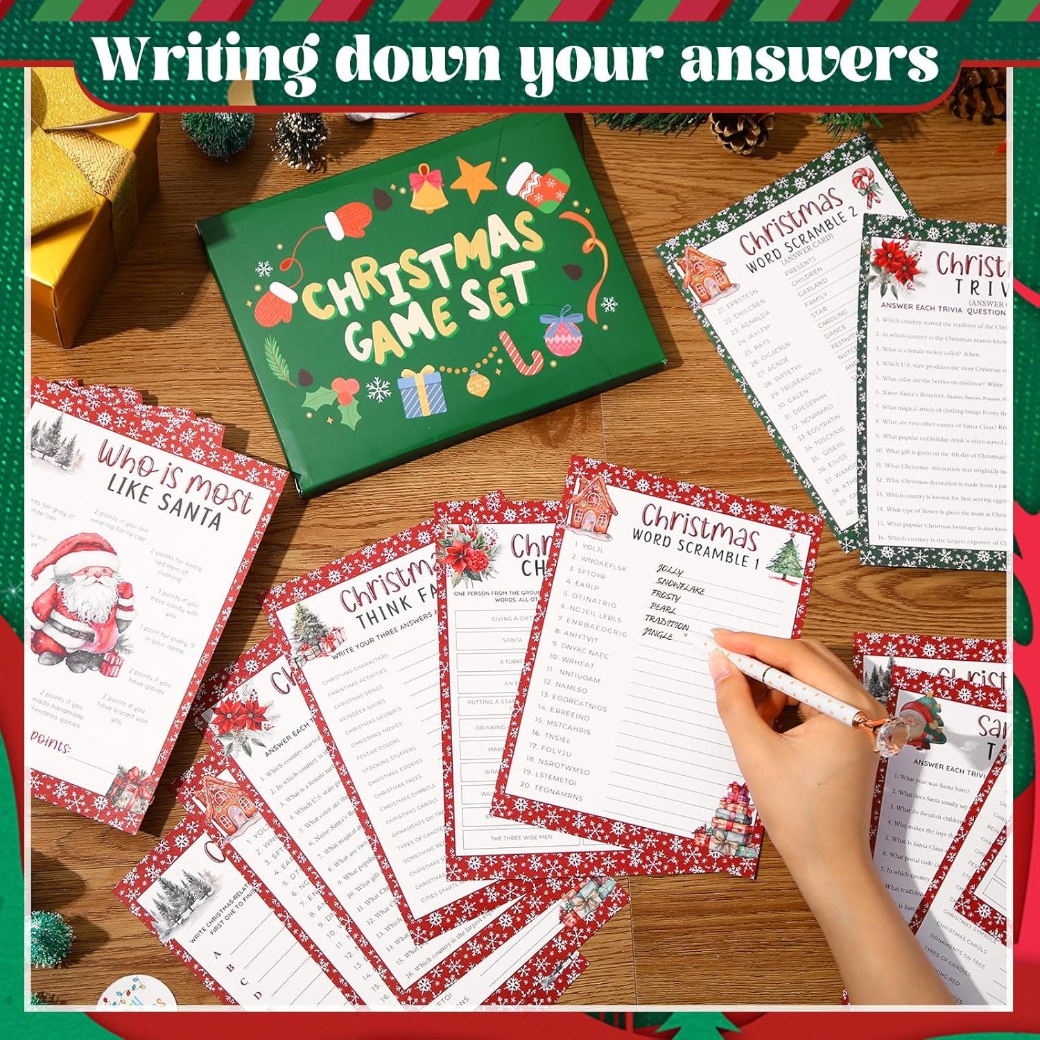 102 Pcs Christmas Trivia Games for Large Group Christmas Question and Answer Word Scramble Cards Set Festival Guessing Activity for Game Xmas Holiday Party Indoor Activity Family Friends - Image 6
