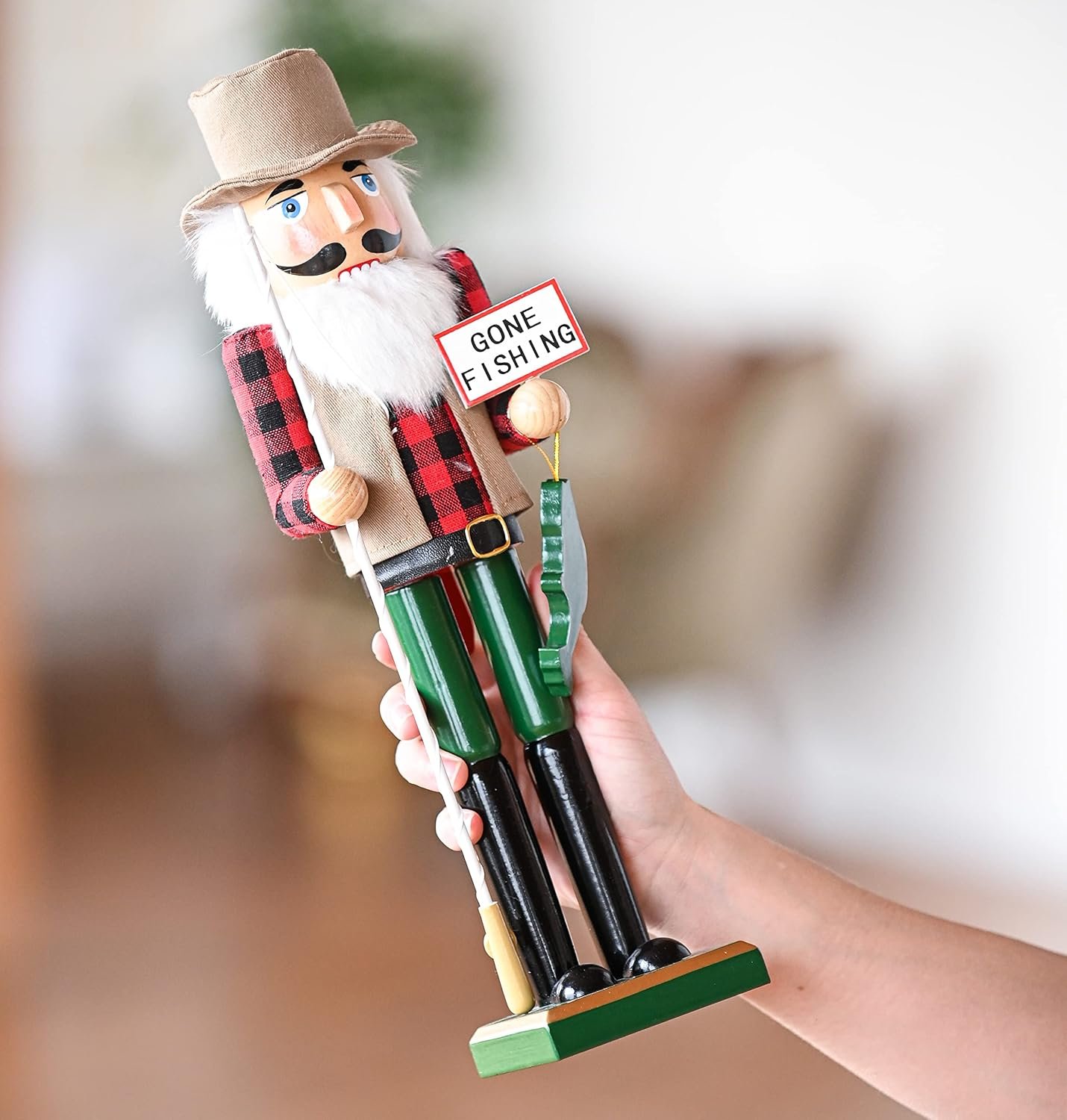 Ornativity Christmas Fisher Man Nutcracker – Red and Green Wooden Fisherman Nutcracker Man with Fishing Rod and Fish in Hand Xmas Themed Holiday Nut Cracker Doll Figure Decorations 15" - Image 4