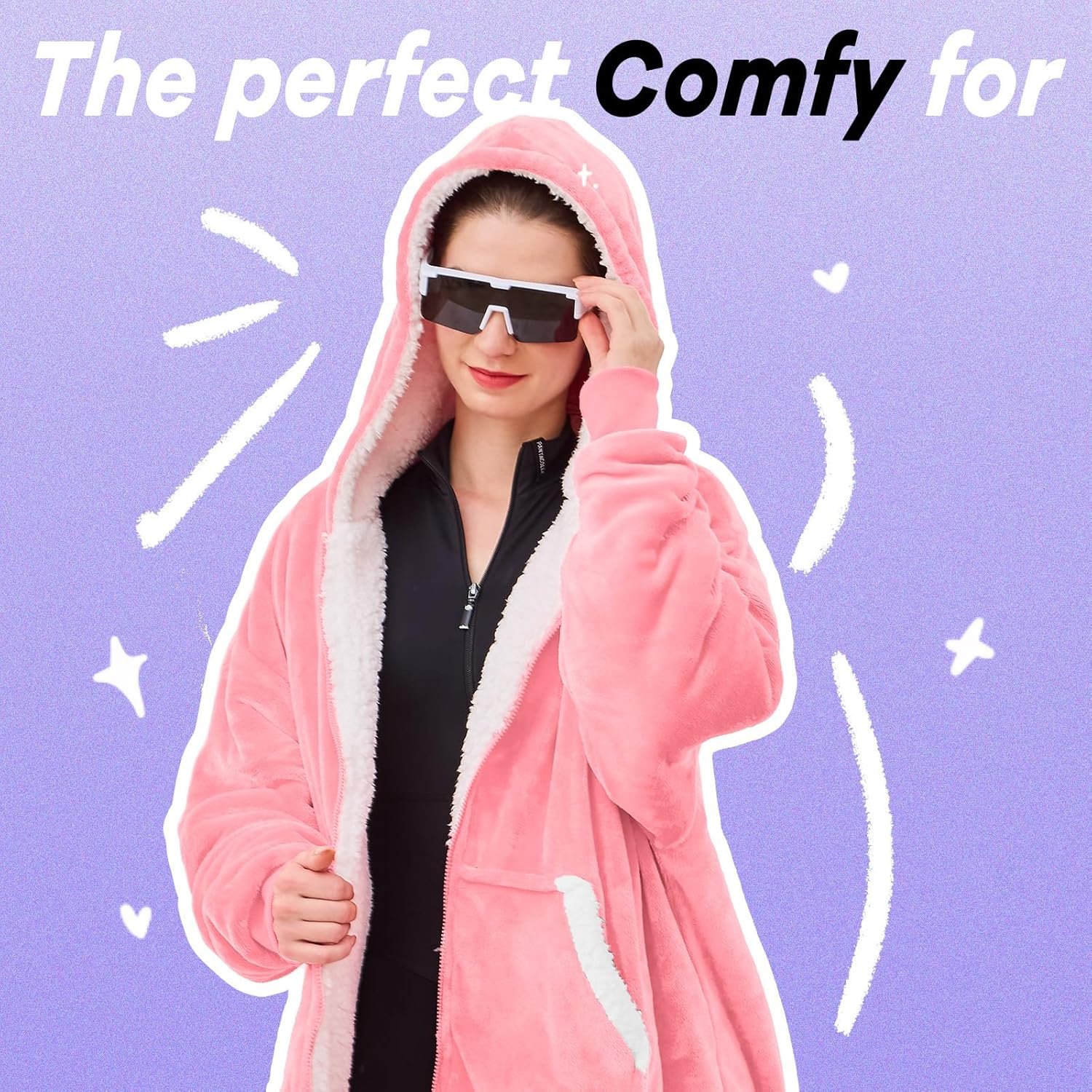 JOYWOO Pink Wearable Blanket Hoodie, Oversized Birthday Gifts for Girlfriend, Hooded Blanket Christmas Gifts for Girls Women, Cozy Fuzzy Sherpa Sweatshirt Blanket with Giant Pocket and Zipper, Pink - Image 10