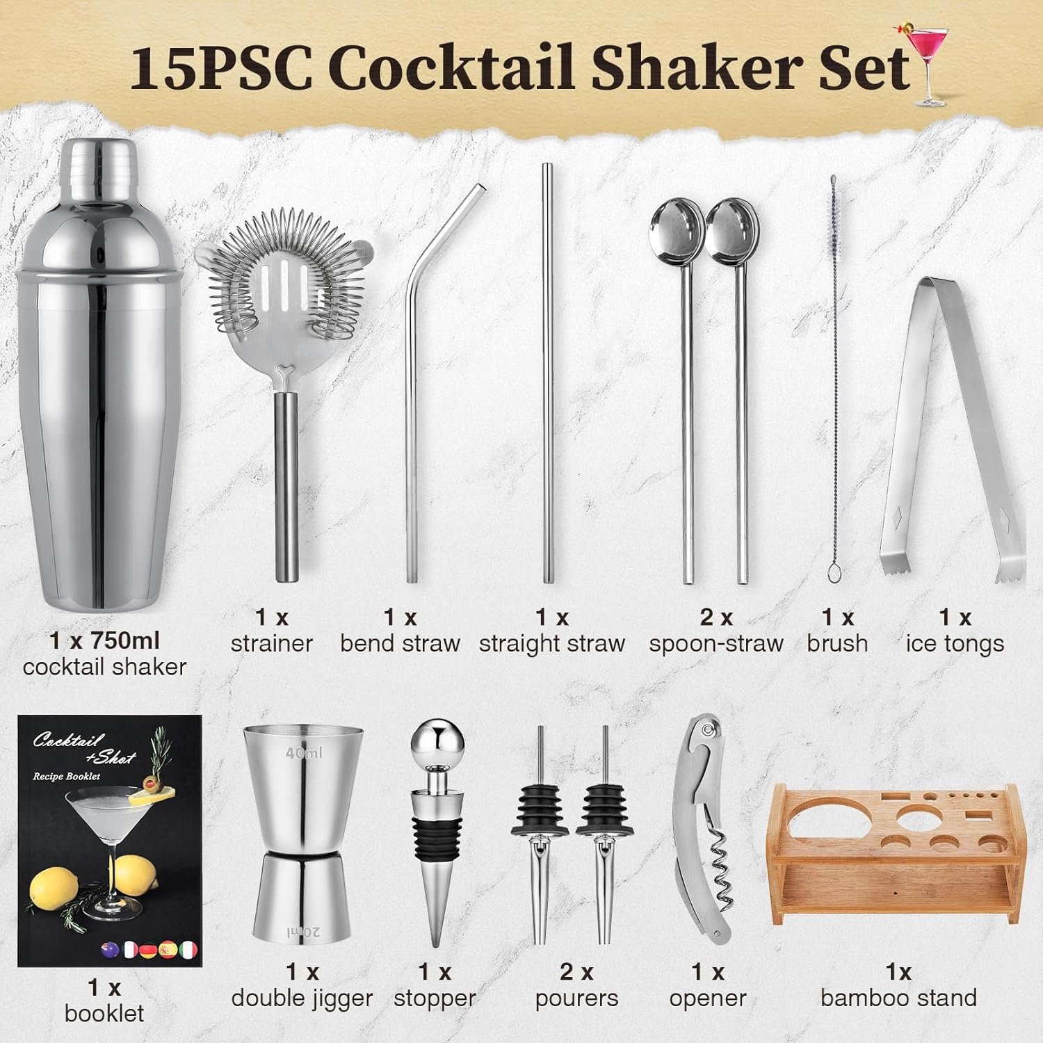 15PCS Cocktail Shaker Set, 750ml/25oz Bartender Kit with Stand & Recipes, Bar Tools Set with All Bar Essential Accessories,Martini Shaker Bartending Kit, for Drink Mixing Home Bar Party, Silver - Image 3