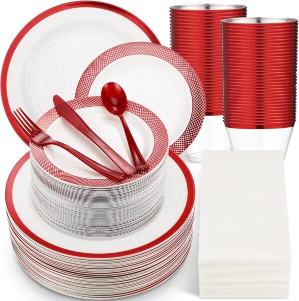 Yaomiao 350 Pcs Christmas Disposable Plates with Trim Set for Xmas Party Plastic Dinnerware 90z Cup Knives Fork Spoon Napkins Christmas Tableware for 50 Guests Gathering Wedding Holiday (Red) - Image 2
