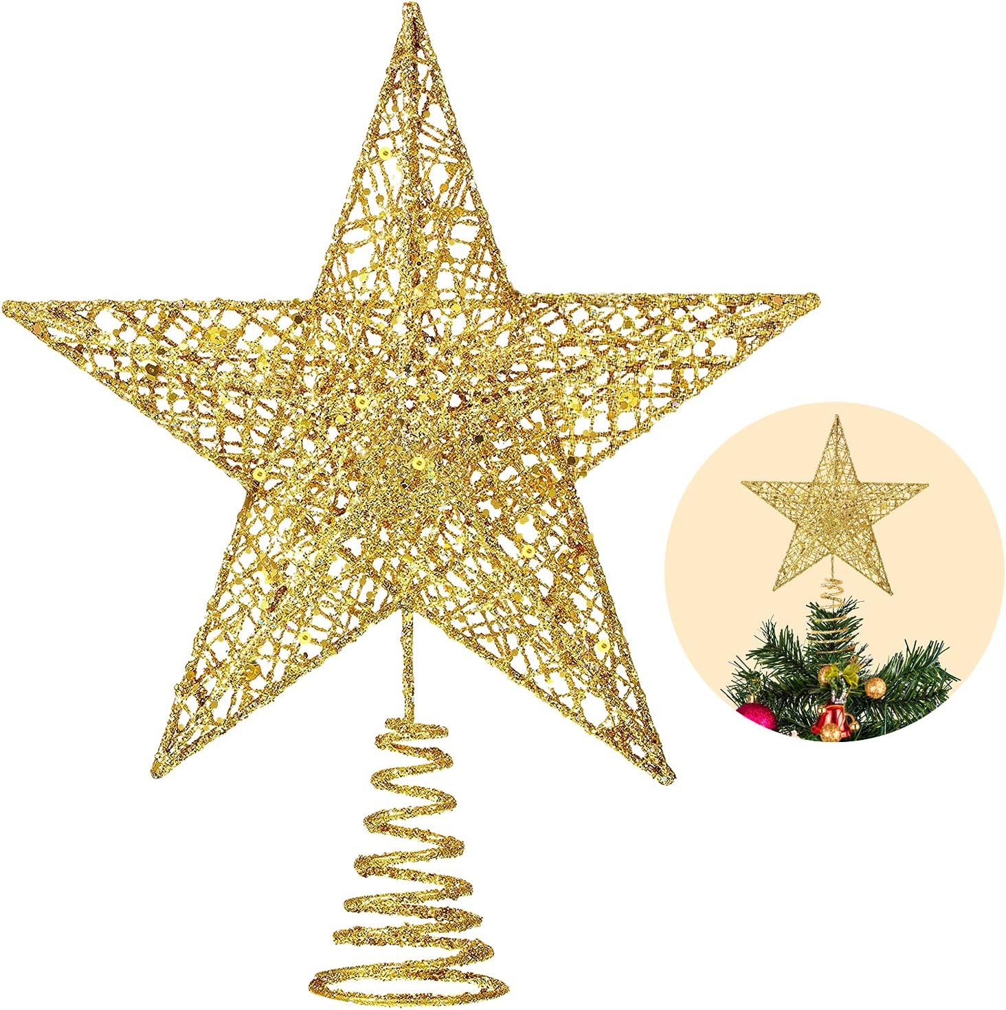 XIMISHOP Christmas Tree Toppers Xmas Glitter Gold Hollow Star Treetop Topper for Christmas Tree Decoration. 1 - Image 2