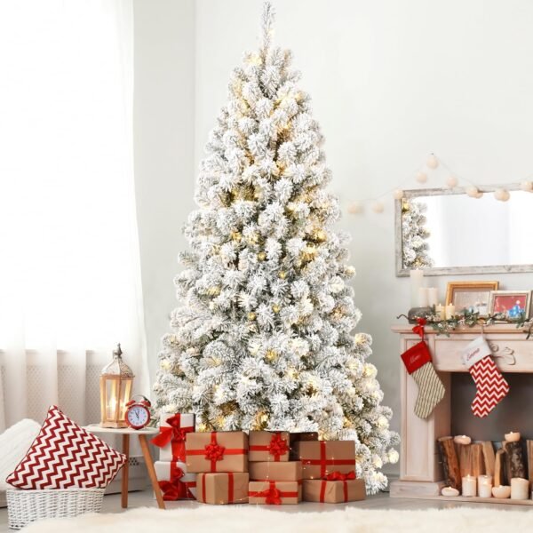 MERITLINE Pre-Lit Artificial Christmas Tree with Lights, 7FT Snow Flocked Design Holiday Decoration Xmas Tree with 1064 Branch Tips, 300 Tungsten Lamp String/Easy Assembly, Metal Stand - Image 9