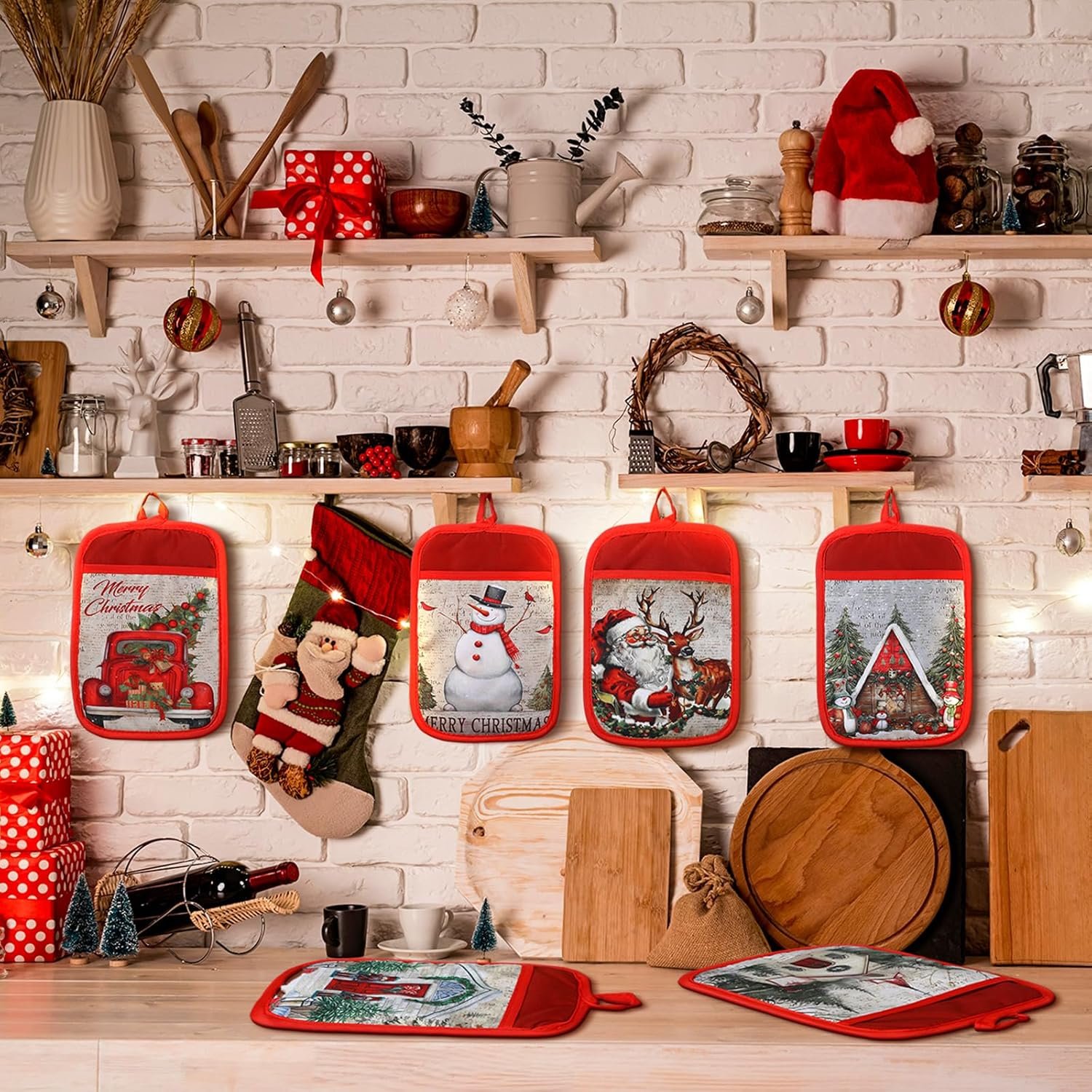 12 Pcs Christmas Pot Holders with Pocket Xmas Retro Pot Holders for Kitchen Winter Hot Pads Oven Mitts Cookie Bag Cute Heat Resistant Farmhouse Oven Gloves Baking Cooking - Image 7