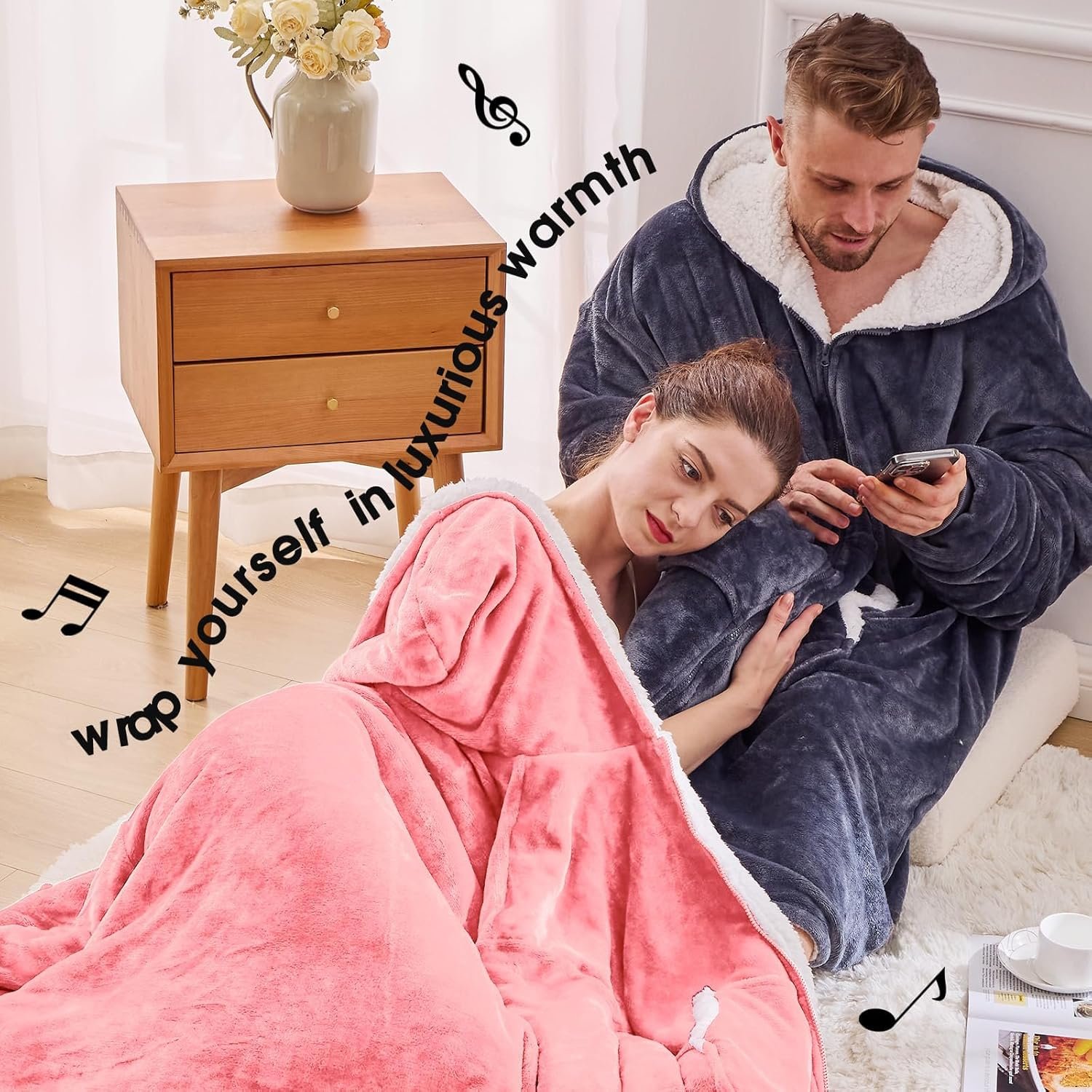 JOYWOO Pink Wearable Blanket Hoodie, Oversized Birthday Gifts for Girlfriend, Hooded Blanket Christmas Gifts for Girls Women, Cozy Fuzzy Sherpa Sweatshirt Blanket with Giant Pocket and Zipper, Pink - Image 3