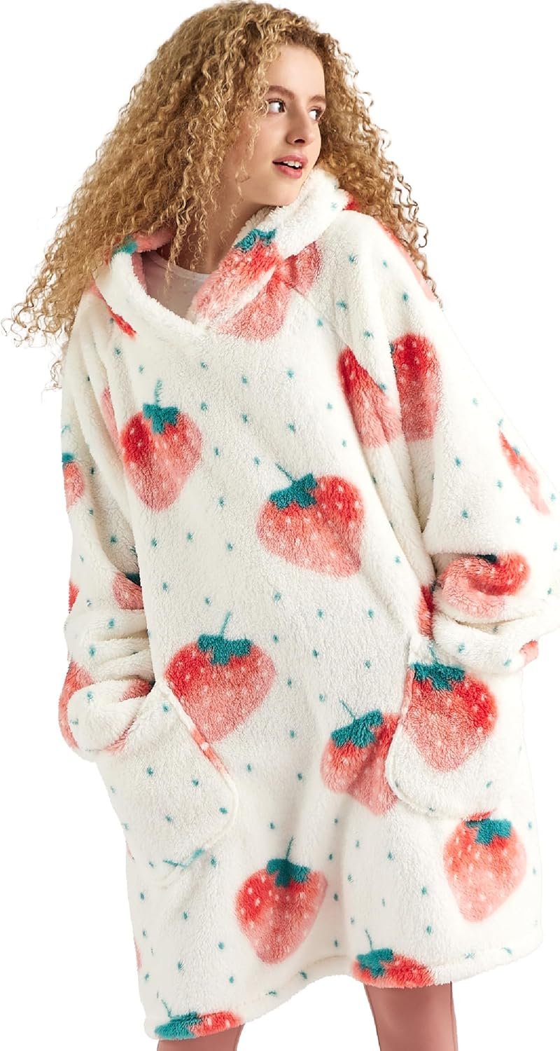 Bedsure Wearable Blanket Hoodie Gifts for Women - Strawberry Printed Shaggy Sherpa Cozy Hoodie Blanket for Adult, Warm Hooded Blanket Sweatshirt - Image 2