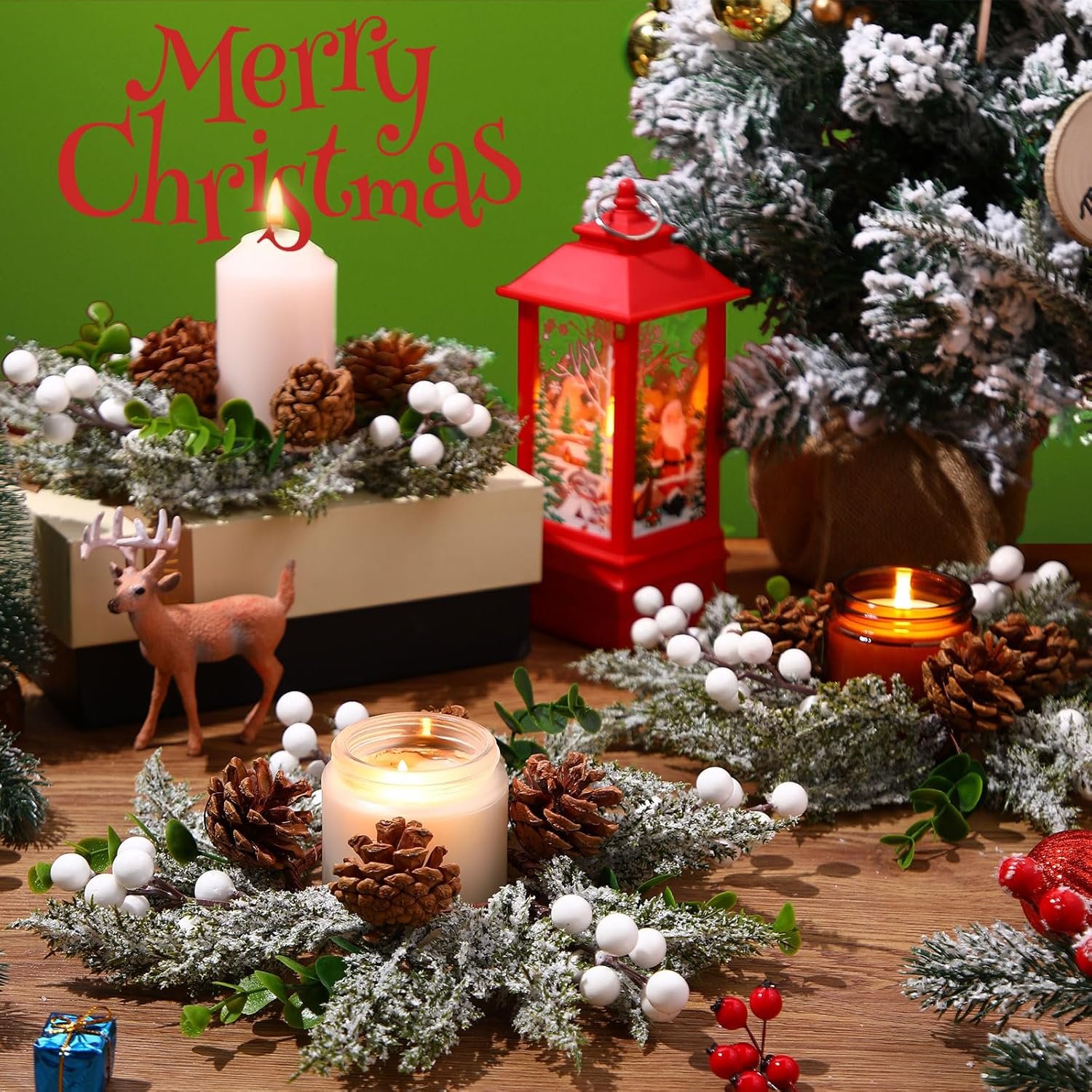 9 Pcs Christmas Candle Rings Wreath Artificial Red Berries and Pine Cones Candle Wreaths Snowy Pine Garland Candle Ring Holder for Christmas Wedding Festive Home Table Decoration - Image 7