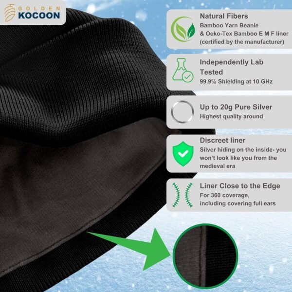 Golden Kocoon® -E-M-F Bamboo Viscose Beanie with EcoShield™ Tech Bamboo Lyocell Faraday Fabric Silver Liner-Adult Size in Black -5 g, Cell Towers,Bluetooth,Smart Meters & WiFi- Golden Cocoon Hat Cap - Image 3
