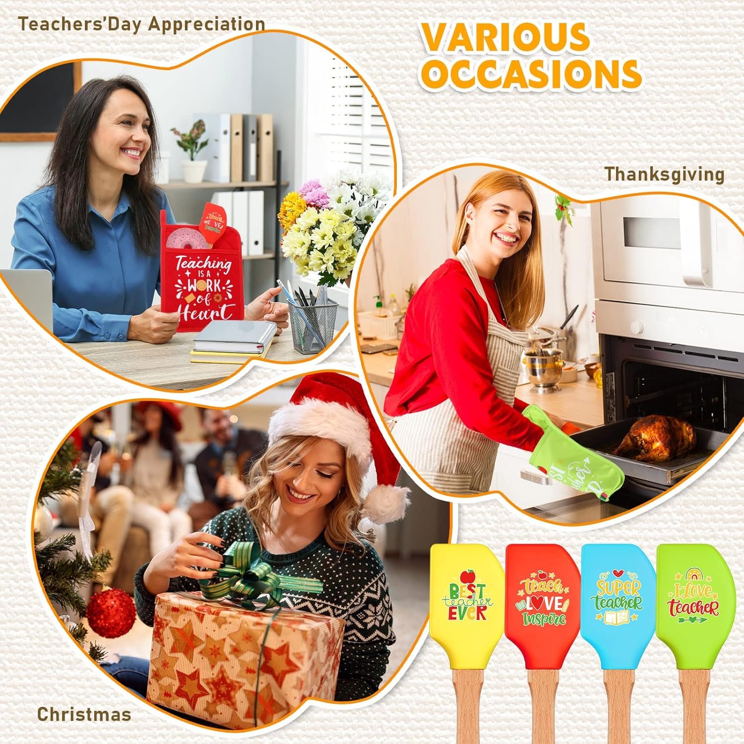 Lallisa 16 Pcs Christmas Teacher Appreciation Gifts Teacher Pot Holder Teacher Spatula Gifts Heat Resistant Microwave Oven Mitt Silicone Spatula with Wooden Handle for Baking End of the Year Gift - Image 8