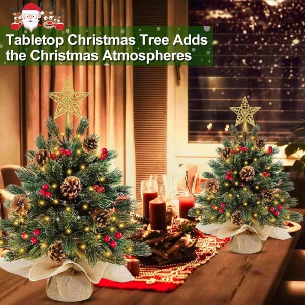 2 Pack 18 Inch Realistic-Feel PE Tabletop Christmas Tree 60 Warm Lights with Timer Battery Operated Cedar Norfolk PE Pine Spruce Mini Small Christmas Tree Red Berry Pinecone Star Xmas Christmas Decor - Image 6