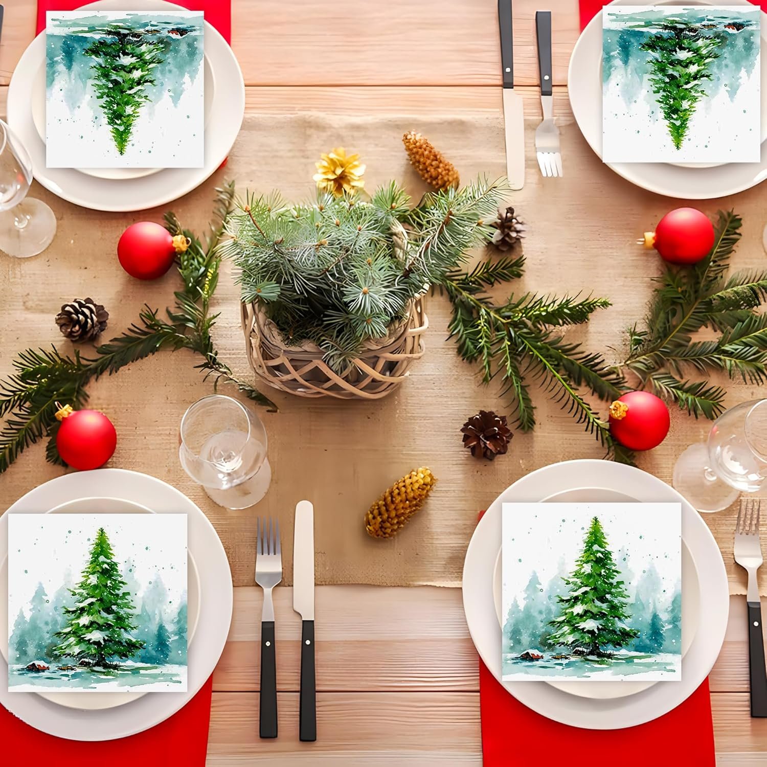 100 PCS Christmas Party Napkins Disposable 6.5 Inch Watercolor Christmas Tree Paper Napkins 3-ply Xmas Greenery Luncheon Dinner Napkins for Winter Christmas Holiday Party Supply - Image 7