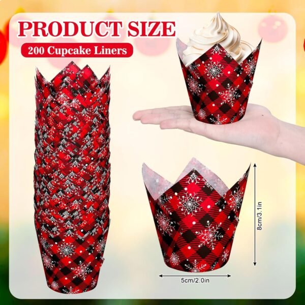 Whaline 200Pcs Christmas Plaid Tulip Cupcake Liners Plaid Snowflake Muffin Tulip Baking Cups Xmas Red Black Tulip Cupcake Wrappers for Holiday Party Supplies - Image 3