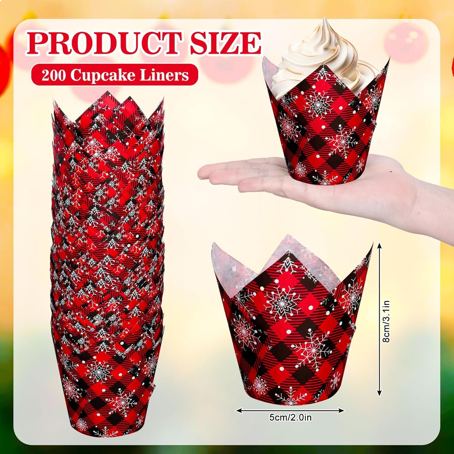 Whaline 200Pcs Christmas Plaid Tulip Cupcake Liners Plaid Snowflake Muffin Tulip Baking Cups Xmas Red Black Tulip Cupcake Wrappers for Holiday Party Supplies - Image 3