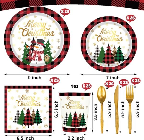Christmas Paper Plates Napkins Cups Disposable Merry Christmas Party Tableware Supplies Buffalo Plaid Christmas Tree Snowman Paper Dinnerware Set for Holiday Xmas Party Supplies, Serve 25 - Image 3