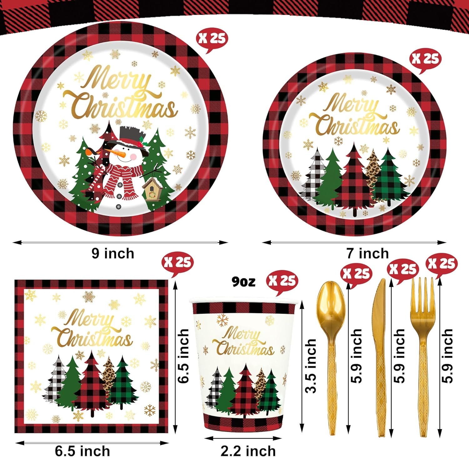 Christmas Paper Plates Napkins Cups Disposable Merry Christmas Party Tableware Supplies Buffalo Plaid Christmas Tree Snowman Paper Dinnerware Set for Holiday Xmas Party Supplies, Serve 25 - Image 3