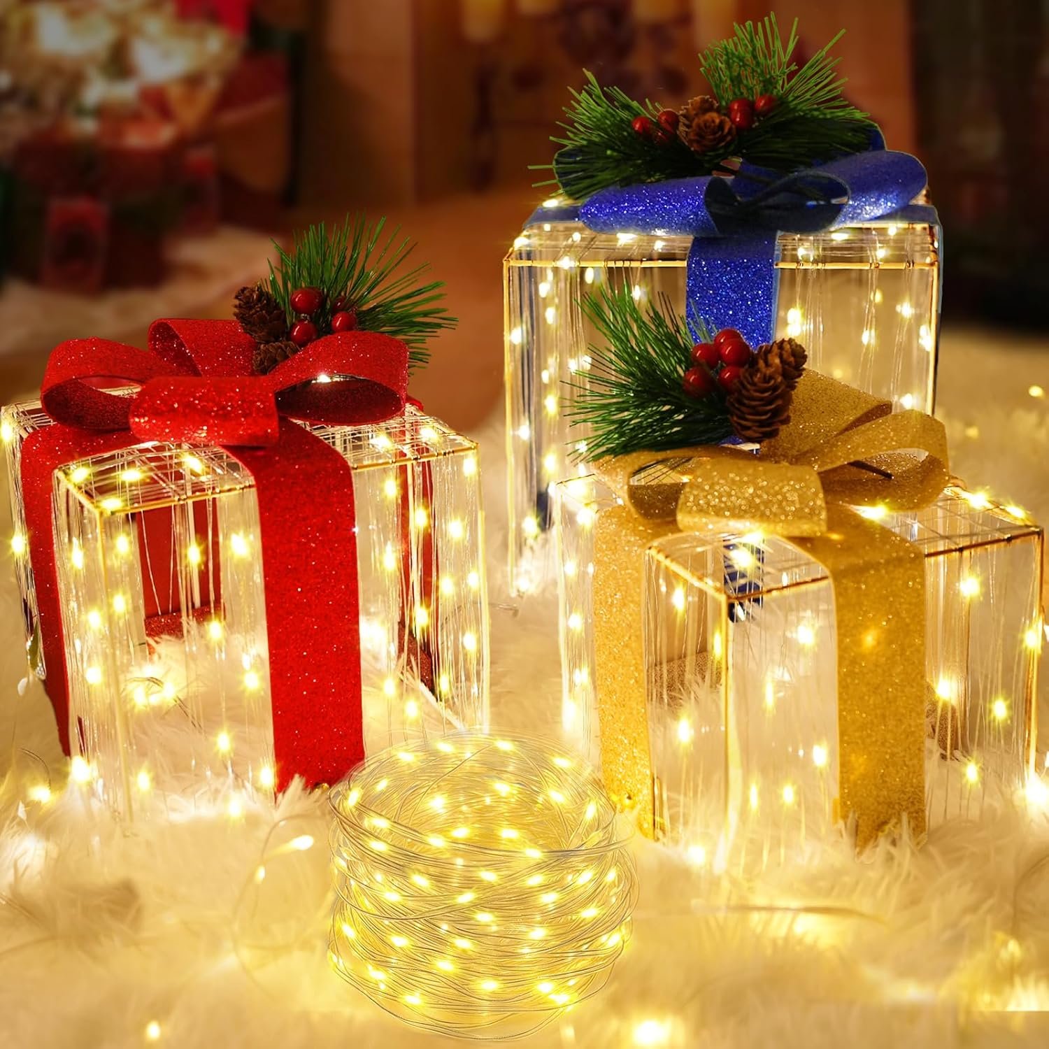 Sparkling Christmas Lighted Gift Boxes W/ 270 LEDs, 33Ft String Lights Light up Christmas Decoration Indoor Outdoor, Holiday Decor Present Boxes Xmas Ornament for Tree Skirt Yard Porch Home, Set of 3 - Image 2