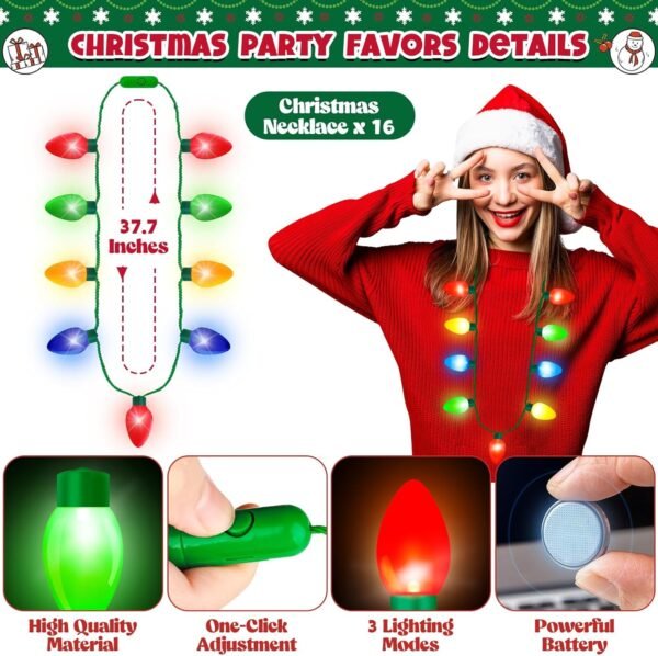 16PCS Christmas Light Necklace, Christmas Party Favors for Kids, 3 Modes Light Up Christmas Necklace, Colorful Christmas Party Supplies with 9 Bulbs Glow Necklaces for Adults Party Accessories - Image 3