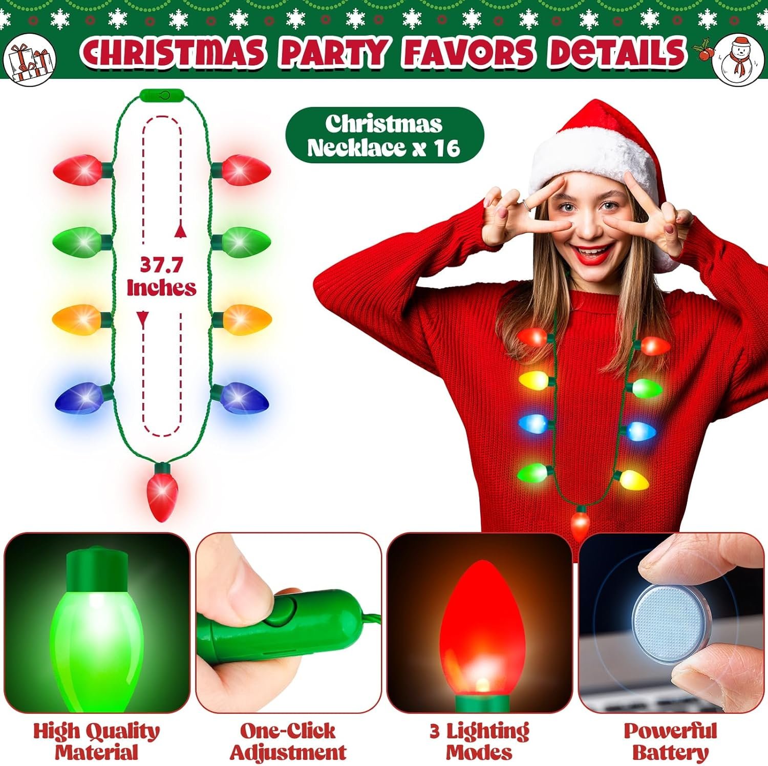 16PCS Christmas Light Necklace, Christmas Party Favors for Kids, 3 Modes Light Up Christmas Necklace, Colorful Christmas Party Supplies with 9 Bulbs Glow Necklaces for Adults Party Accessories - Image 3