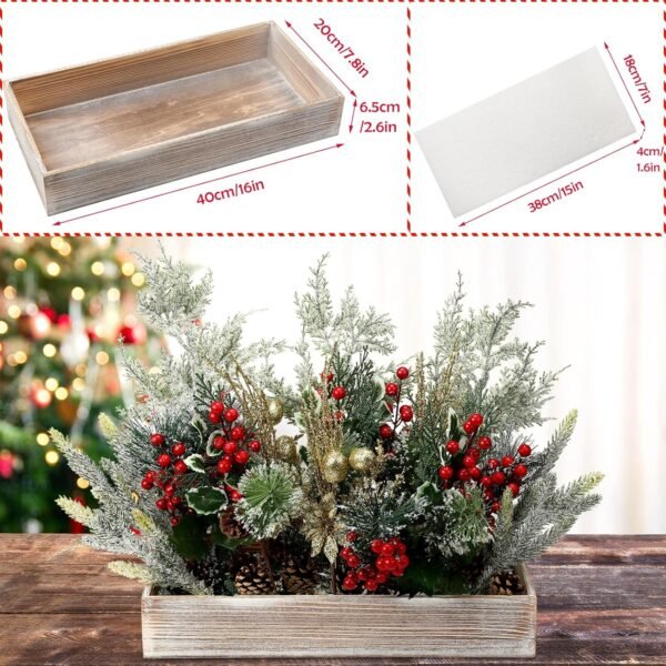 Christmas Centerpiece Winter Arrangement Artificial Snowy Christmas Picks Assorted Branches Holly Red Berry Pine Cone Picks in Rectangle Wooden Box for Farmhouse Rustic Table Decoration - Image 4