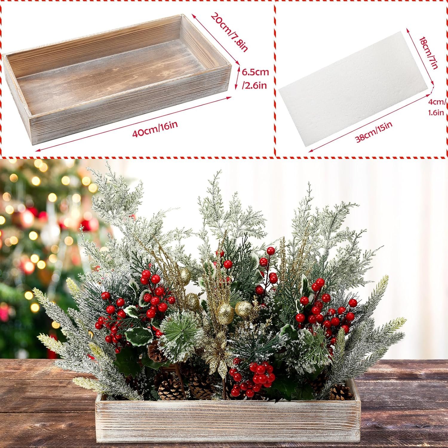 Christmas Centerpiece Winter Arrangement Artificial Snowy Christmas Picks Assorted Branches Holly Red Berry Pine Cone Picks in Rectangle Wooden Box for Farmhouse Rustic Table Decoration - Image 4