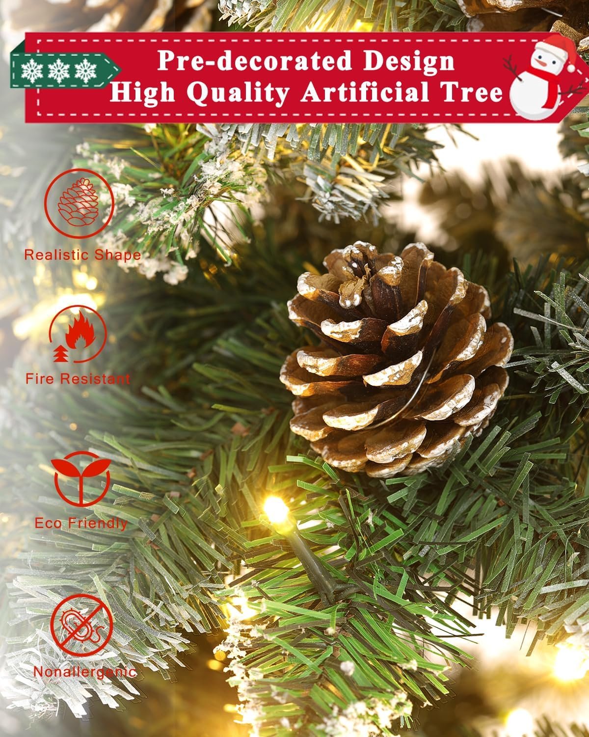 AORESAC 6.5ft Pre-Lit Pencil Christmas Tree for Home, Office, Party Decoration, Artificial Snow Flocked Design w/ 350 LED Lights & 699 PVC Branch Tips and Pine Cones, Metal Hinges & Base - Image 5