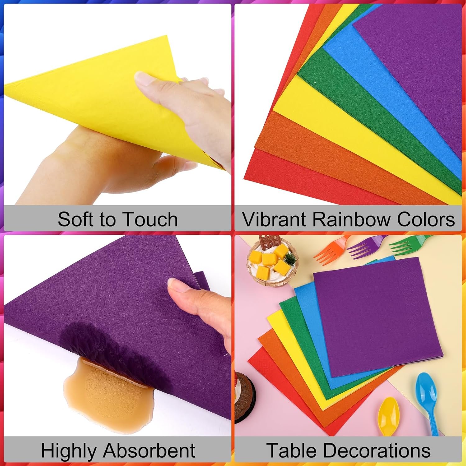 durony 504 Pieces Rainbow Disposable Party Tableware Set Serves 72 Guests 7" & 9" Rainbow Paper Plate 9oz Paper Cups Paper Napkins Plastic Cutlery Rainbow Party Decorations Neon Party Supplies - Image 5