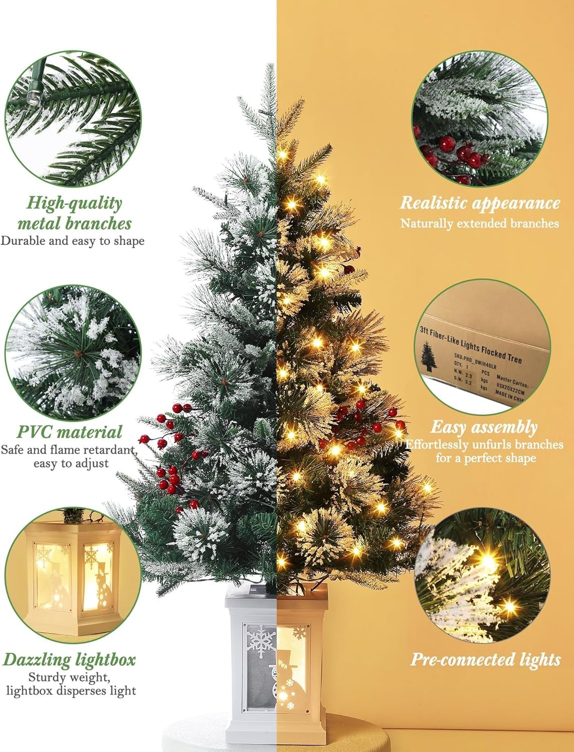 3FT Prelit Premium Snowman Artificial Snow Flocked Christmas Tree with Warm White LED,Prelit Pine Mini Tree for Christmas Decoration,Yard,Home,Office,Outdoor,Indoor,8 Mode Snowman White Base- 2PCS - Image 4