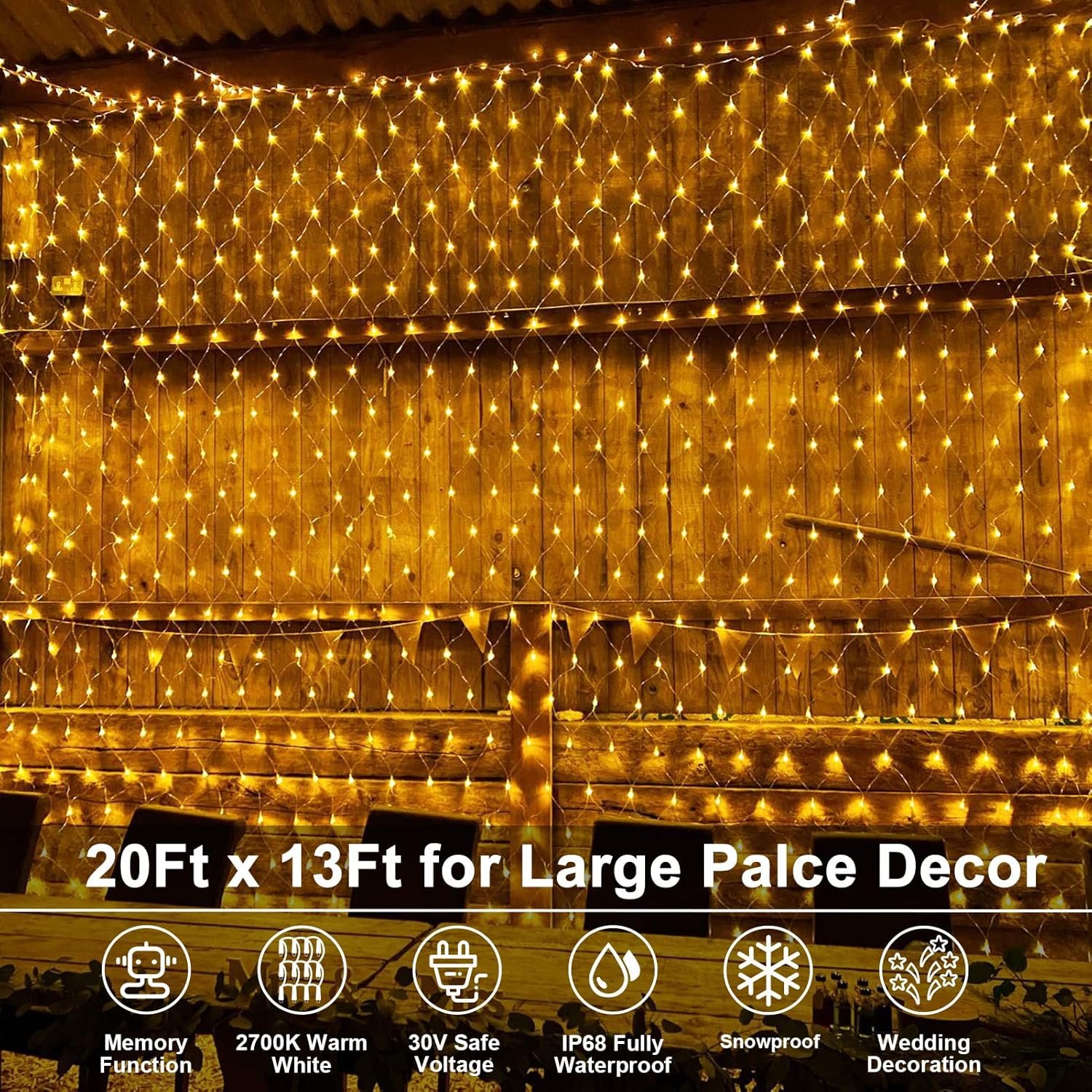 20Ft x 13Ft Net Lights Outdoor Mesh Lights Plug in, 720 LED Net Lights IP68 Fully Waterproof for Party Garden Backyard Wall Bush Christmas Decor (Warm White) - Image 3