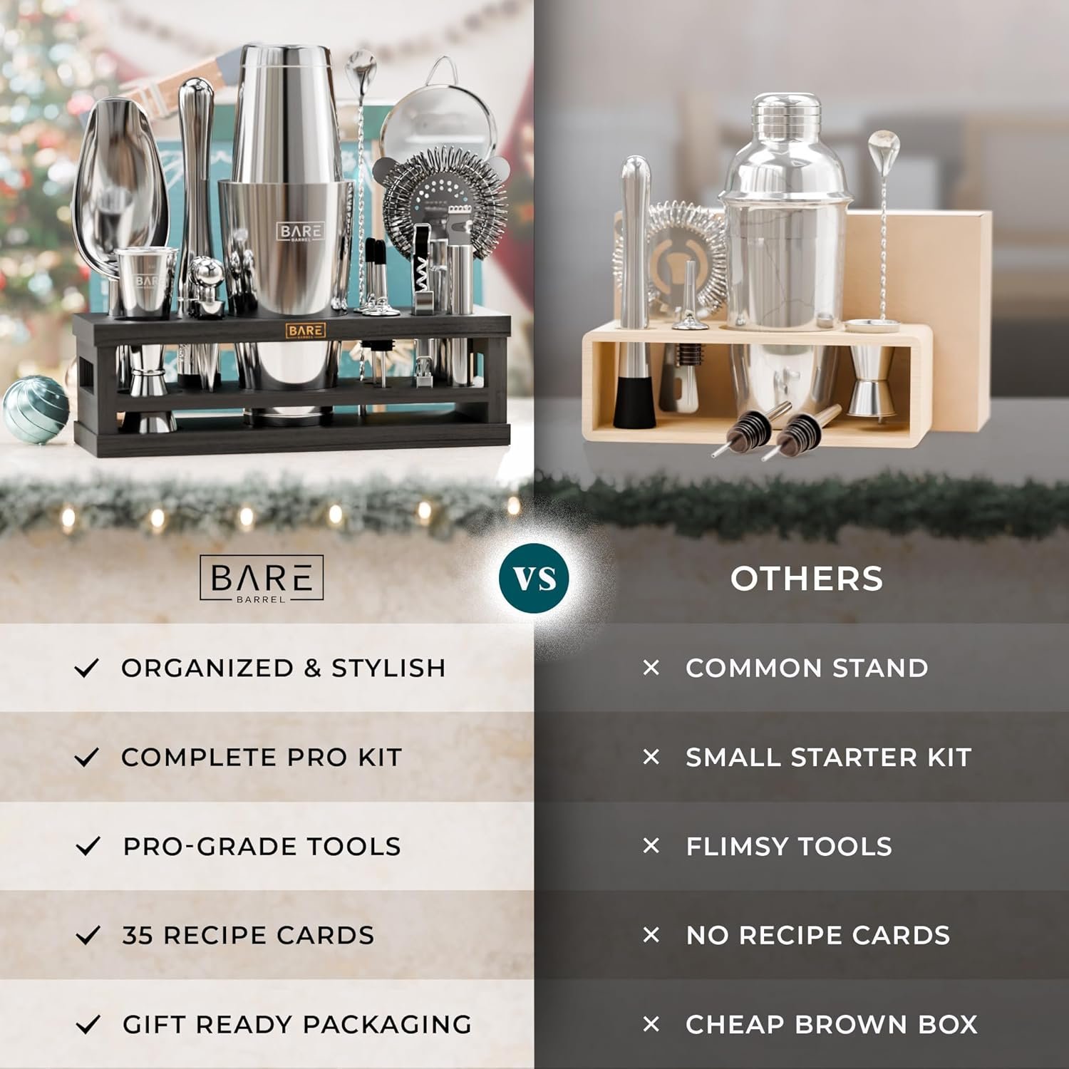 BARE BARREL® Mixology Bartender Kit Bar Set | 16-Piece Cocktail Shaker Set | Martini Barware Mixing Tools for Home Bartending | Incl. 35 Recipe Cards | Gift Set (28oz Boston Shaker, Silver/Black) - Image 8