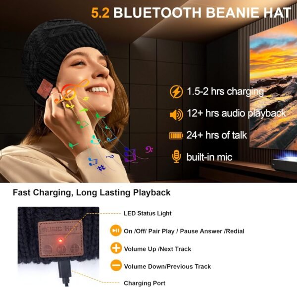 Bluetooth Beanie, Wireless Music Hat for Men & Women, Microphone and HD Stereo Speakers, Black, Unique Christmas Tech Gifts - Image 3