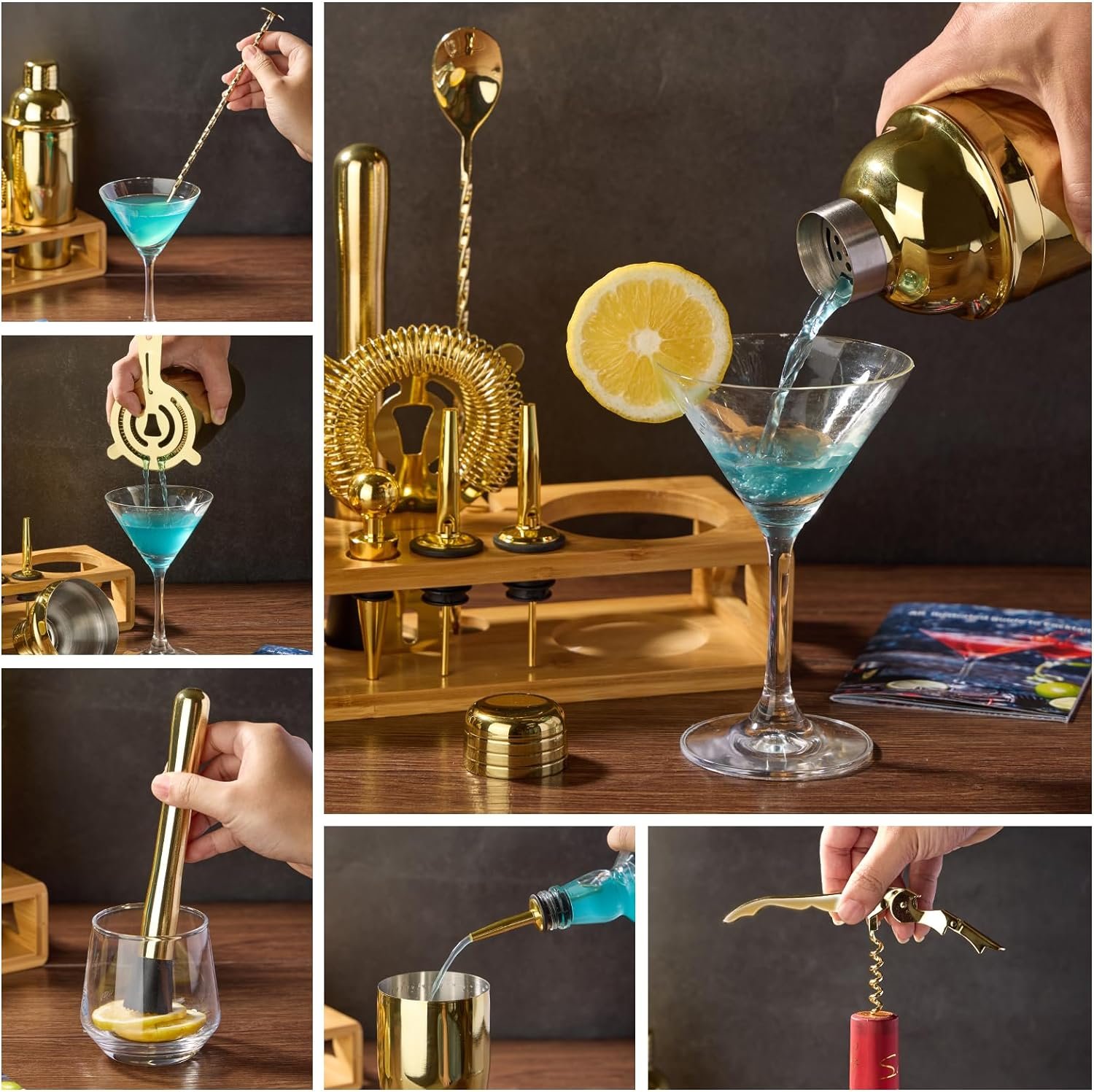 Cocktail Shaker Set Bartender Kit : 12-Piece Bar Tool Set with Bamboo Stand | Bar Set with All Practical Bar Accessories, for Drink Mixing, Bar, Home, Lounge & Party (Gold) - Image 5