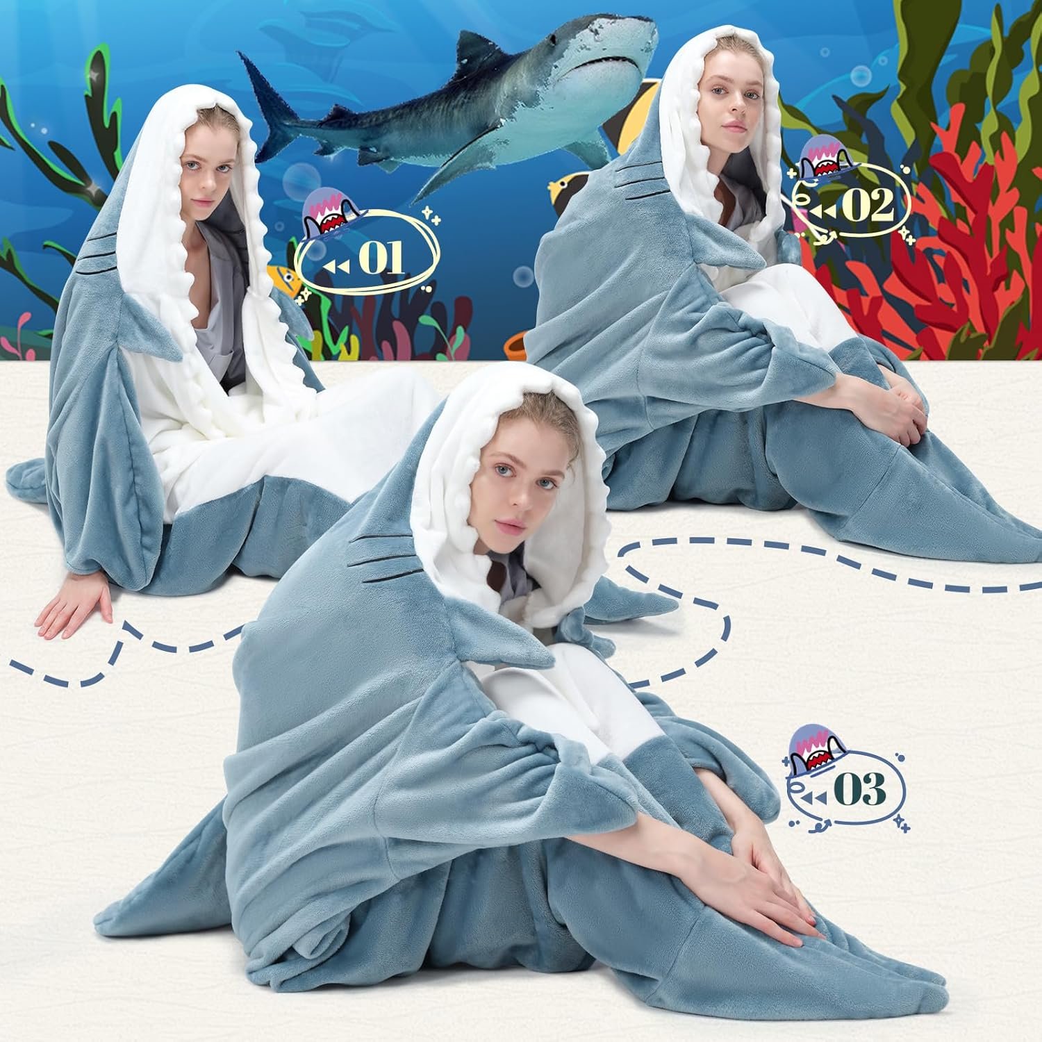 Touchat Shark Blanket for Adult Super Soft Cozy Flannel Throw Wearable Blanket, Cartoon Animals Shark Blanket Hoodie, Sleeping Bag Cosplay Shark Costume Blanket Gifts for Shark Lovers (Blue,M) - Image 8