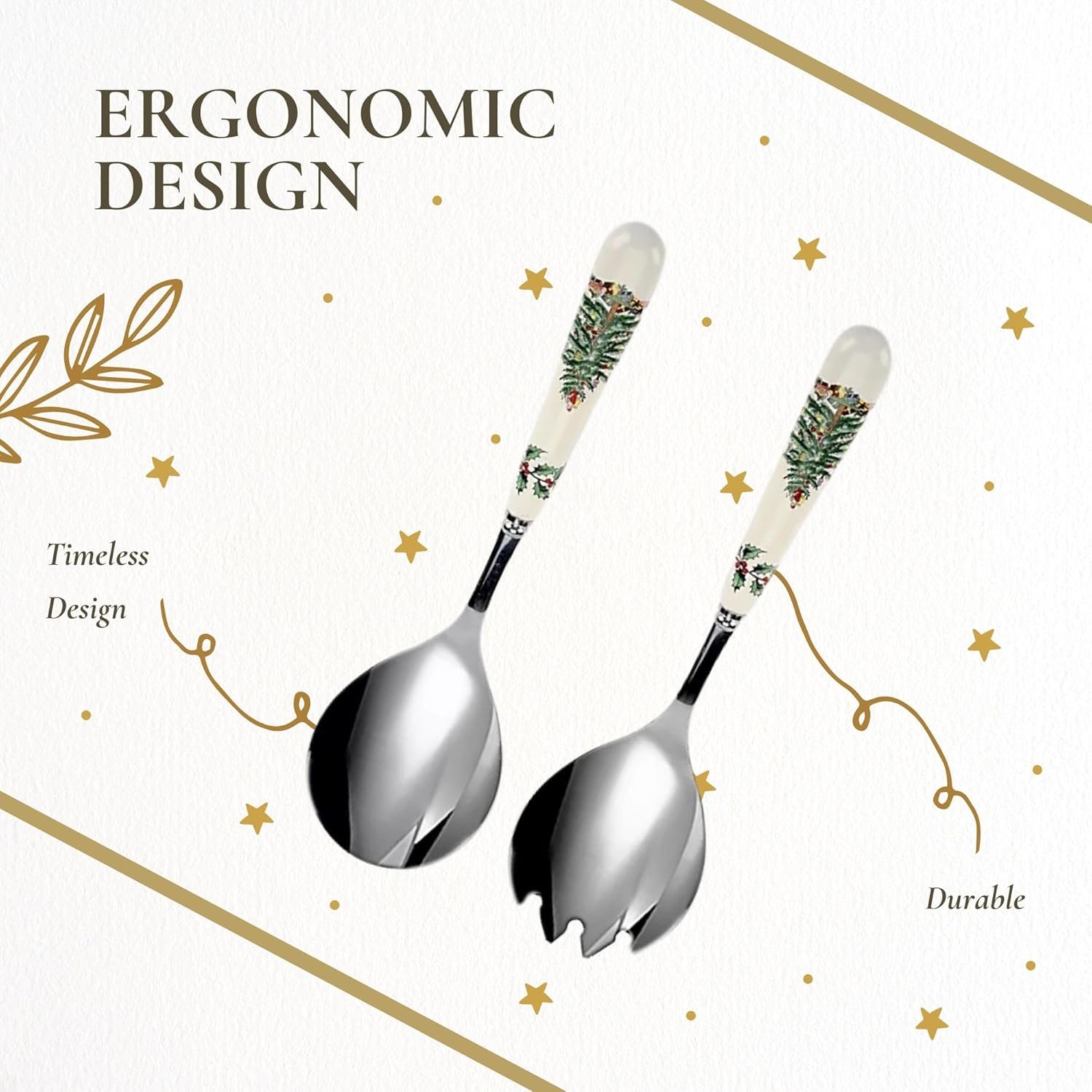 Portmeirion Christmas Tree Salad Server Set (2-Piece) - 10 Inch Stainless Steel with Porcelain Handles, Festive Flatware for Holiday Dining - Dishwasher Safe, Seasonal Entertaining & Gift-Giving - Image 7