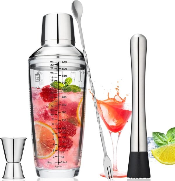 Tiawudi 23oz Glass Cocktail Shaker Set, 4PCS Bartender Kit, Martini Mixer Shaker with Built-in Strainer, Measuring Jigger, Cocktail Muddler & Mixing Spoon, Bar Tool Set for Bartender and Home Use - Image 2