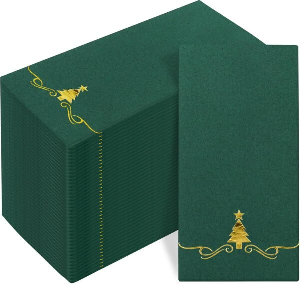 100 Pack Christmas Disposable Guest Napkins 12 x 17 Inch Gold Foil Christmas Trees Napkins Xmas Tree Hand Towels for Bathroom Kitchen Weddings Christmas Holiday Party, Green - Image 2