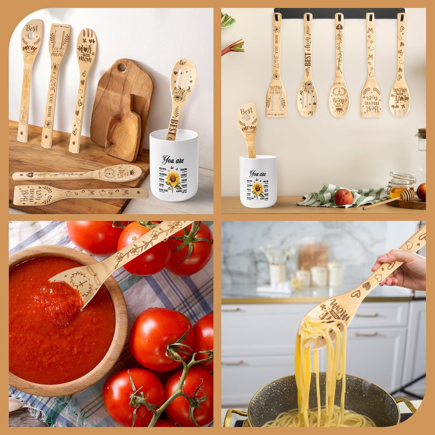 CJiangpo Mom Cooking Utensils Set - Sunflower Ceramic Utensil Holder with 6 Wooden Spoons Spatulas Set, Sunflower Kitchen Decor Cooking Tools Kitchen Gifts for Mom, Christmas Christian Gifts for Women - Image 5