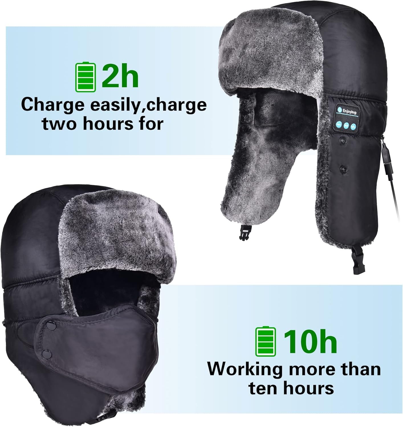 Trapper Hat Bluetooth Warm Winter hat Ski Mask for Men Women, Faux Fur Russian Hat with Speaker Headphones Earflap - Image 6
